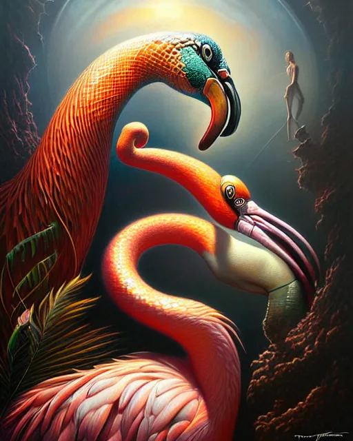 Image similar to a detailed portrait of dreampunk flamingo python hybrid mix by tomasz alen kopera and peter mohrbacher
