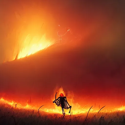 Prompt: digital painting of a skeleton on fire in the middle of a grass field, flames, at night, stunning, cinematic lighting, concept art by greg rutkowski and simon stalenhag, artstation