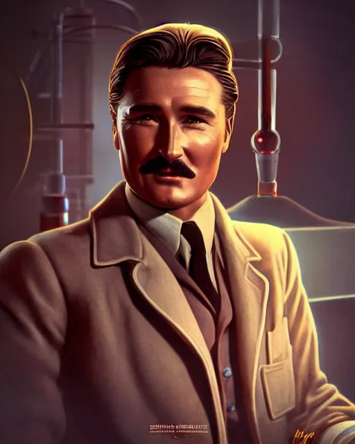 Image similar to Errol Flynn as a scientist. 1980s dystopian Soviet Russia, propaganda screens. Unreal engine, fantasy art by Katerina Ladon. Faithfully depicted facial expression, perfect anatomy global illumination, radiant light, detailed and intricate environment