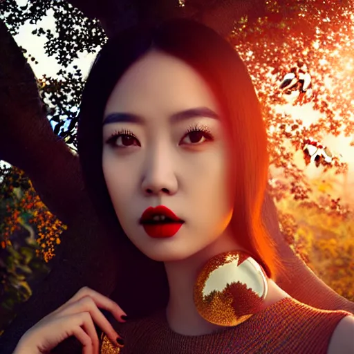 Image similar to innovative avant - garde art, deco fashion, asian women, highly detailed, photorealistic portrait, serene forest setting, golden hour, crisp quality and light reflections, octane render