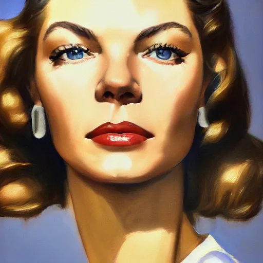 Prompt: young beautiful lauren bacall color studio publicity photo , tight face shot portrait, highly detailed, digital painting, artstation, concept art, sharp focus, illustration, art , by norman rockwell