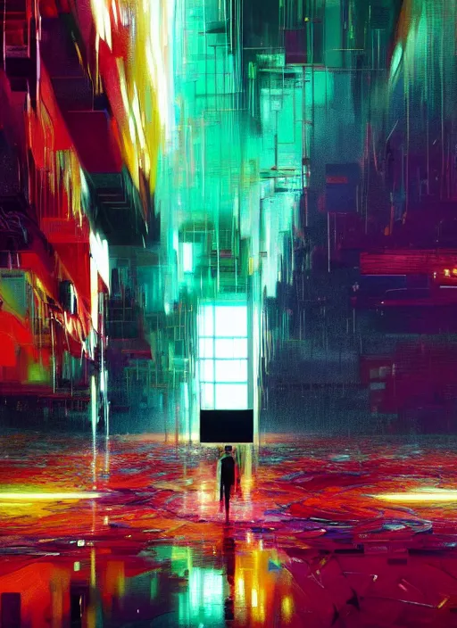 Prompt: a vision of vast cyberspace, inside of the matrix, a virus glitching through a vulnerable server, wearing sunglasses, futuristic clothes, vibrant colors, rule of thirds, spotlight, motion blur, drips of paint, geometric glitching, expressive, passionate, by greg rutkowski, by jeremy mann, by francoise nielly, by van gogh, digital painting