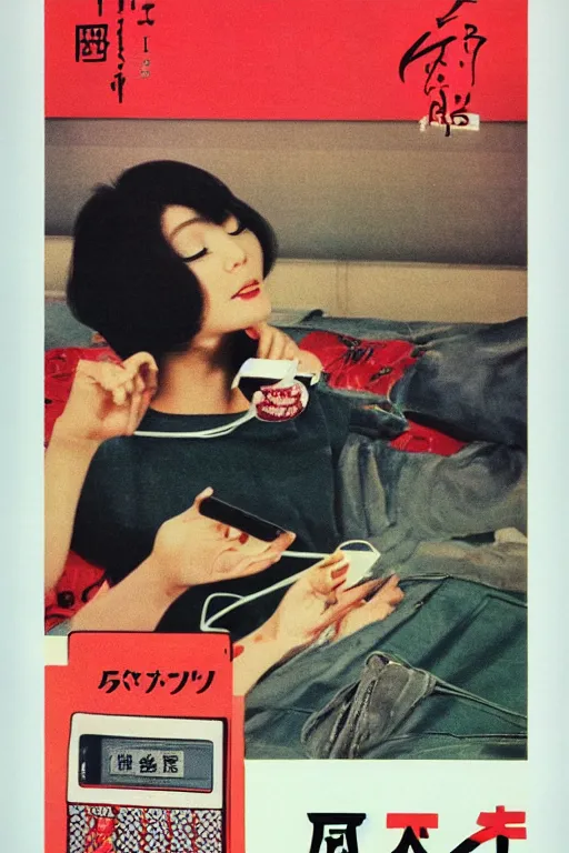 Prompt: cell phone advertisment, still life, 1 9 7 0 s japan shouwa advertisement, print, nostalgic