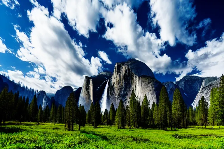 Image similar to wide, lush scenic landscape, grand majestic mountains, valley, yosemite, blue sky, white clouds, professional photography, realistic, cinematic, highly detailed
