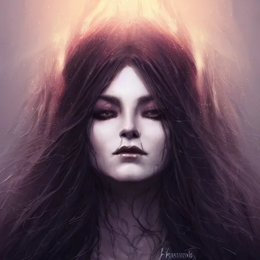 Prompt: head and shoulders portrait of a dark witch, dark fantasy, mystic, elegant, intricate, face, medium shot, trending on artstation, volumetric light, by Fernanda Suarez and Karol Bak