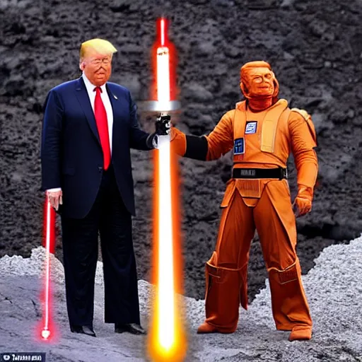 Prompt: donald trump and joe biden standing opposite each other holding lightsabers, they are on a volcanic planet full of lava
