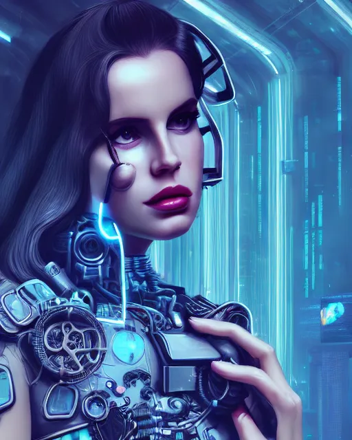 Image similar to portrait of lana del rey as a cyberpunk cyborg. roses, sci - fi, missing panels, intricate abstract upper body intricate artwork, by tooth wu, wlop, beeple, dan mumford. concept art, octane render, deviantart, greg rutkowski, cinematic, key art, hyperrealism, iridescent accents