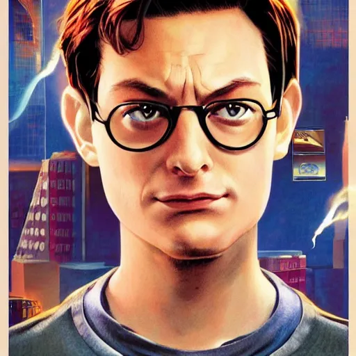 Prompt: peter parker, toby maguire, poster by drew struzan