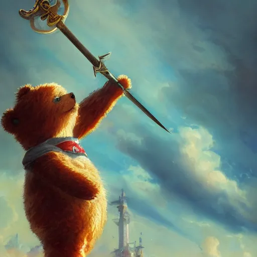 Prompt: a teddy bear pointing a sword at the sky, illustrated by miyazaki by karol bak, james jean, tom bagshaw, rococo, sharp focus, trending on artstation, cinematic lighting