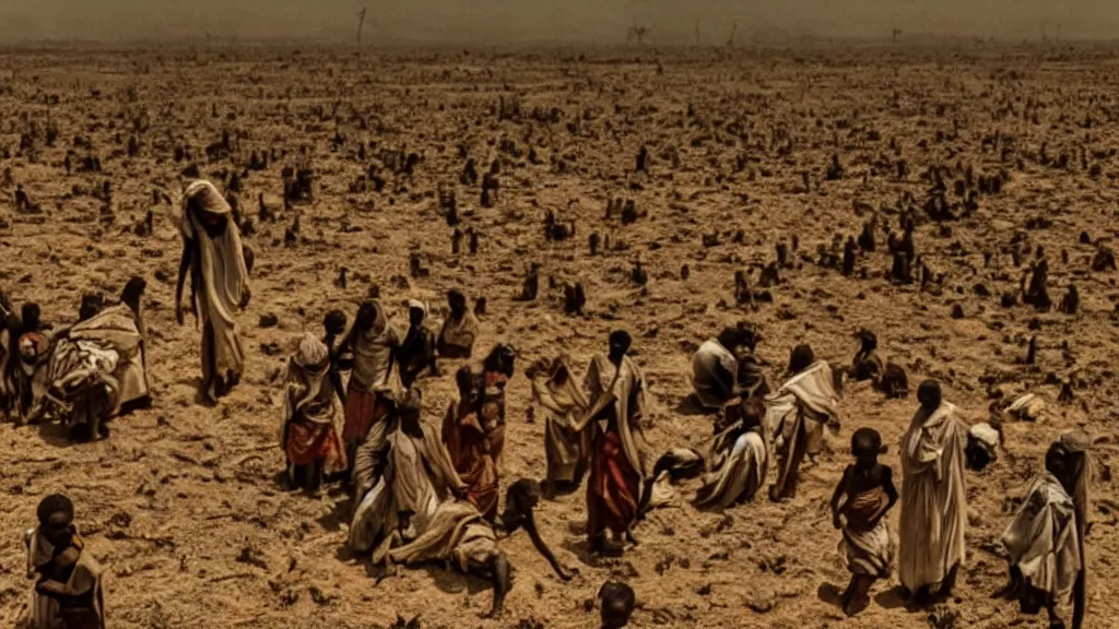 Image similar to 1984 Ethiopian biblical famine and drought as seen in Western newspapers, moody, dark, movie scene, hd, 4k