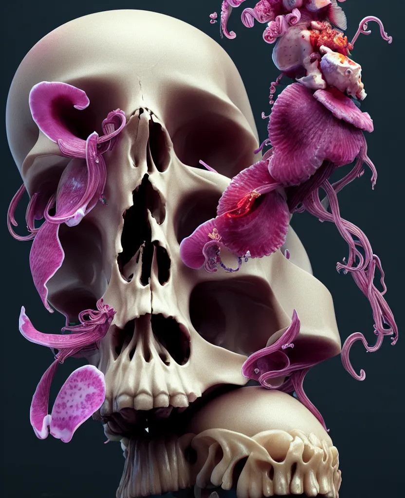 Image similar to goddess close - up portrait human skull, ram skull, squid phoenix jellyfish, orchid, betta fish, bioluminiscent, intricate artwork by tooth wu and wlop and beeple. octane render, trending on artstation, greg rutkowski very coherent symmetrical artwork. cinematic, hyper realism, high detail, octane render, 8 k