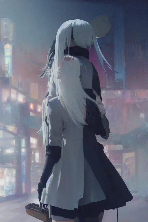 Prompt: a white haired girl with a guitar on her back shopping at a convenience store at night, grey and dark theme, s line, 4 5 angel by krenz cushart and mucha and makoto shinkai and akihito yoshida and greg rutkowski, nier : automata inspired, 4 k resolution