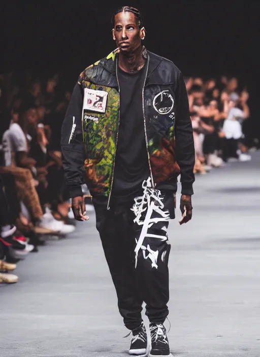 Image similar to hyperrealistic and heavy detailed nike runway show of travis scott, leica sl 2 5 0 mm, vivid color, high quality, high textured, real life