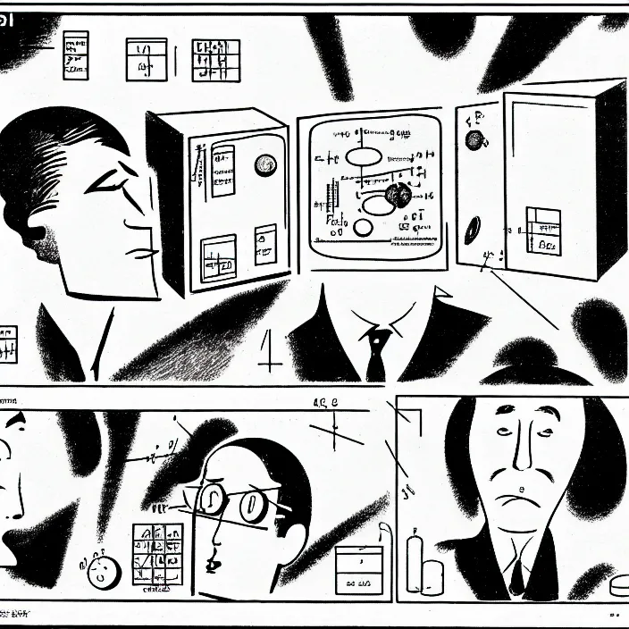 Image similar to a still frame from comic strip, scientific scheme of physics 1 9 5 0, herluf bidstrup, new yorker illustration, monochrome contrast bw, lineart, manga, tadanori yokoo, simplified,