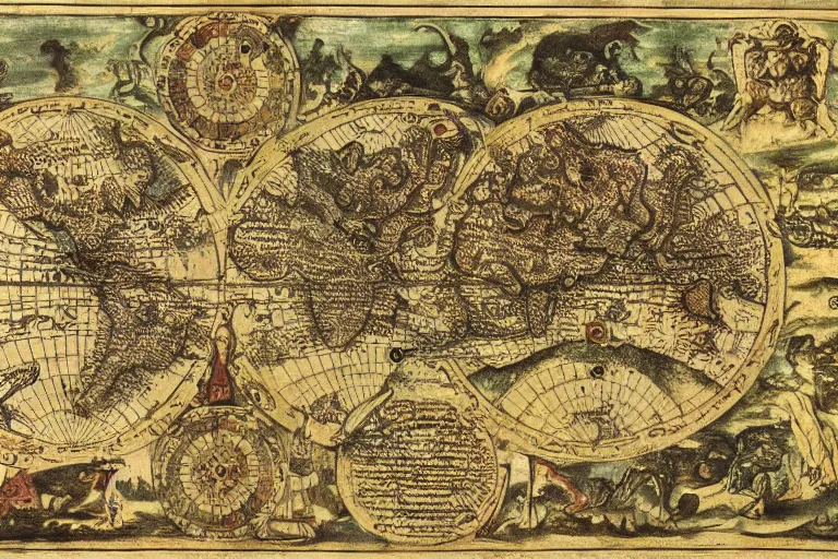 Image similar to map of the demon underworld, pangia, colored extremely detailed ancient paper by da Vinci