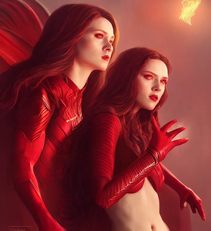 Image similar to Lucifer Morningstar as Scarlet Witch, portrait, full body, hyper detailed, digital art, trending in artstation, cinematic lighting, studio quality, smooth render, unreal engine 5 rendered, octane rendered, art style by klimt and nixeu and ian sprigger and wlop and krenz cushart