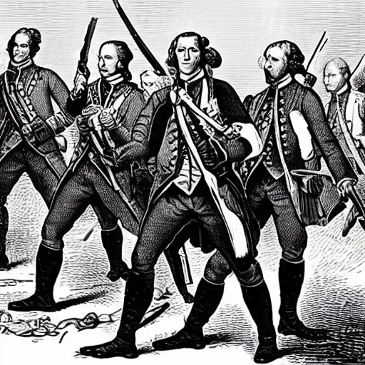 Image similar to joe rogan, george washington, keanu reeves, with ak 4 7 and ar 1 5 s fighting against the redcoats in the revolutionary war