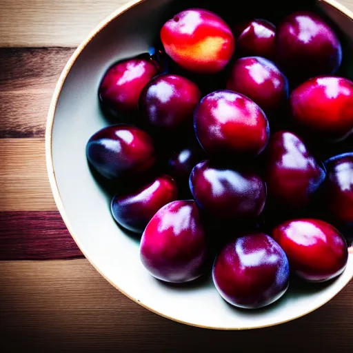 Image similar to photo of a thick porcelain bowl filled with few moist freshly picked plums on a wooden table. volumetric lighting. 4 k. small scale. realistic. top down.