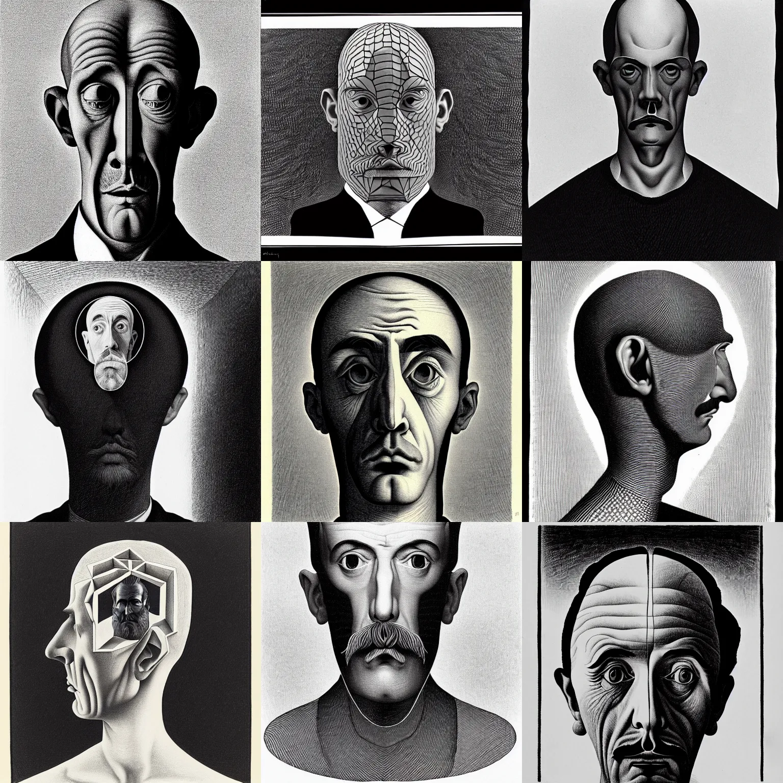 Prompt: impossible portrait of a man standing inside its own head by m. c. escher