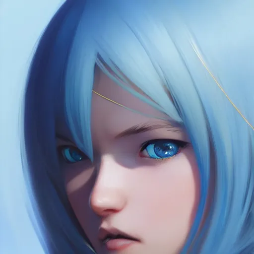 Prompt: ilya kuvshinov with long sky blue hair, gold eyes, boyish face, professional digital painting, concept art, award - winning photography, 8 k, cinematic, wlop, color block, in the background, art by greg rutkowski, pixiv art, yoshitaka amano