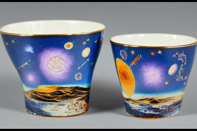 Prompt: vintage enameled cup of tea filled with starry cosmos By Salvador Dali