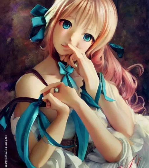 Prompt: Anime art very beautiful Hatsune miku by Gil Elvgren, Vladimir Volegov, Earl Moran, Enoch Bolles, symmetrical shoulders, cute anime face