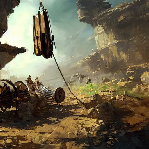 Prompt: a sling catapult machine sending rocks flying, cart wheels, epic fantasy style art by Craig Mullins, fantasy epic digital art