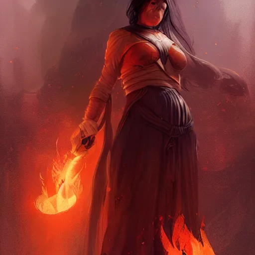 Image similar to fantasy art of a power female fire mage in the style of greg rutkowski, detailed, cinematic, movie poster