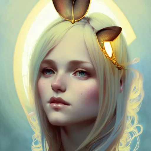 Image similar to Portrait of a girl angel with blonde hair, cat ears, glowing halo, wings, fantasy, intricate, elegant, highly detailed, digital painting, artstation, concept art, smooth, sharp focus, illustration, art by Krenz Cushart and Artem Demura and alphonse mucha