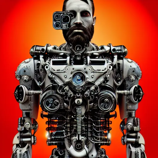 Prompt: ultra realist intricate detailed pin - up painting of a single rugged cyborg male, bearded face and cyborg tech on body and legs, symmetry accurate features, cyberpunk, industrial, apocalyptic, very intricate details, focus, high resolution, 8 k resolution, dramatic lighting, artstyle hiraku tanaka, award winning