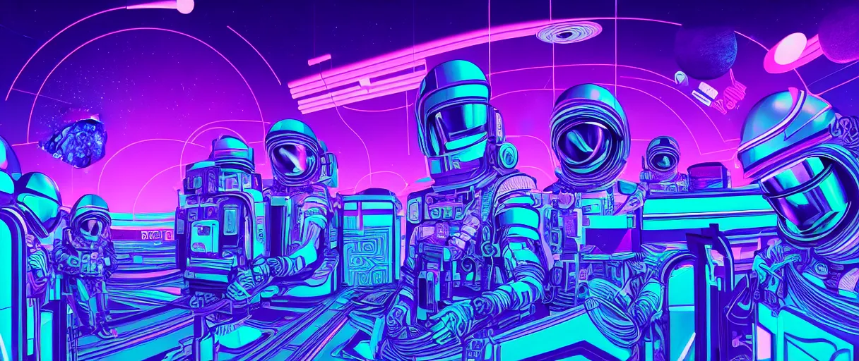 Image similar to hyper detailed 2060s neo-surreal neon purple and teal propaganda poster of space workers key sage sharp cinematic lighting 8k wide angle shallow depth of field