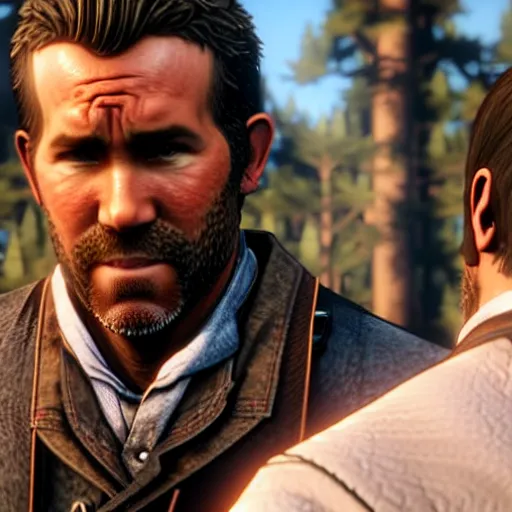 Image similar to ryan reynolds in red dead redemption 2 as a belt buckle salesman near the saloon, highly detailed