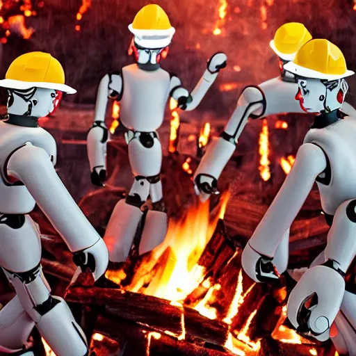 Prompt: Robot workers dancing around a fire