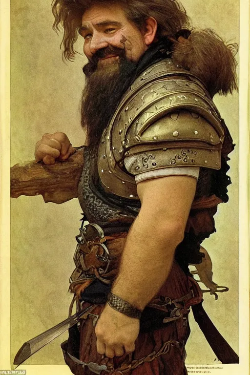 Image similar to head and shoulders portrait in a tavern of a dwarf adventurer, jovial, scarred lip, grandfatherly, leather armor, male, high fantasy, d & d, by alphonse mucha, face details, extremely detailed, vogue magazine photo