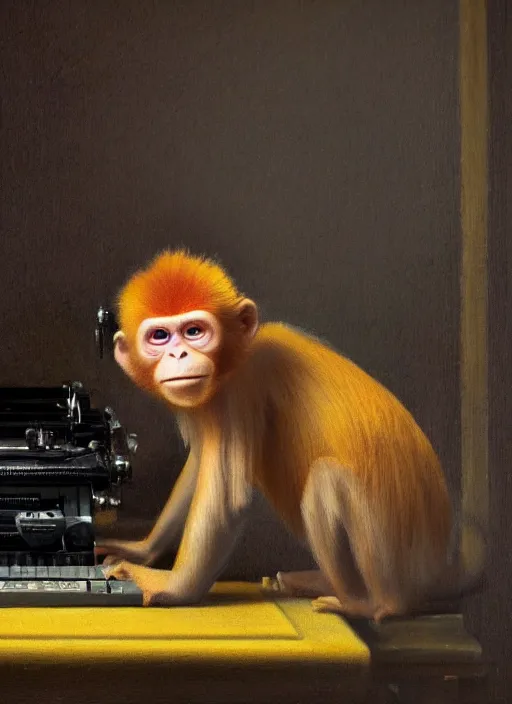 Prompt: medium shot, cinematic, cute realistic orange monkey is typing on the remingtone typewriter, enhancements, soft lighting, by john ward, by arthur walker, by vermeer, by monet, oil on canvas, royal academy, masterpiece, trending on artstation, cinematic composition, dramatic pose, beautiful lighting, sharp, details, hyper - detailed, hd