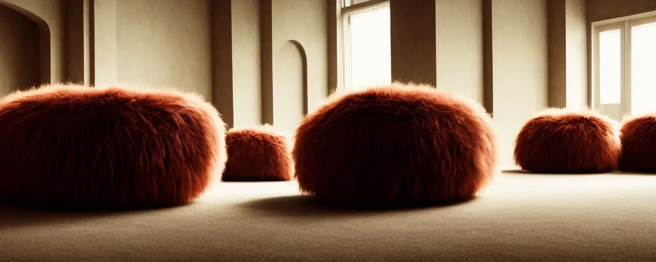 Image similar to a strange huge fluffy furry poufs ottomans sits in the room, film still from the movie directed by denis villeneuve with art direction by zdzisław beksinski, close up, telephoto lens, shallow depth of field