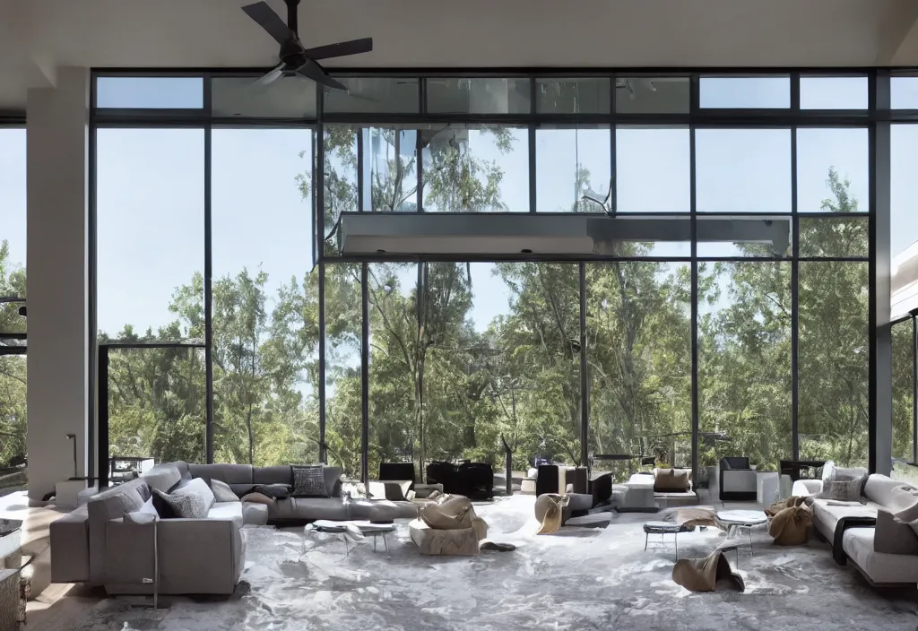 Image similar to a modern interior design, living room, residential design, floor - to - ceiling windows, by bobby berk, trending ，