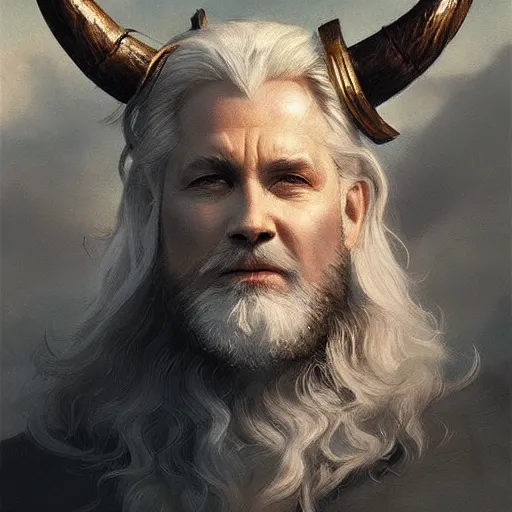 Image similar to a beautiful artwork side profile portrait of a odin with horns by greg rutkowski , featured on artstation, norse mythology, valhalla