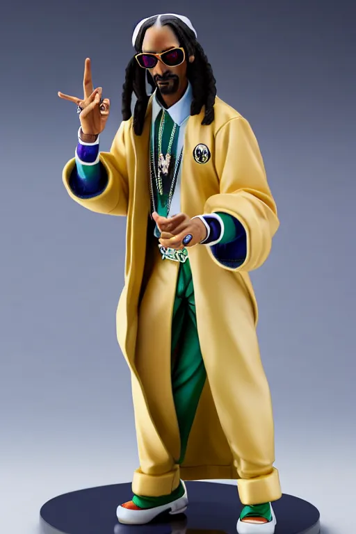 Image similar to still high quality figurine of snoop dogg, tsurime eyes, tareme eyes, personification, dynamic pose, detailed product photo, featured on amiami, tone mapped, beautiful composition, 8 5 mm, f. 1 4