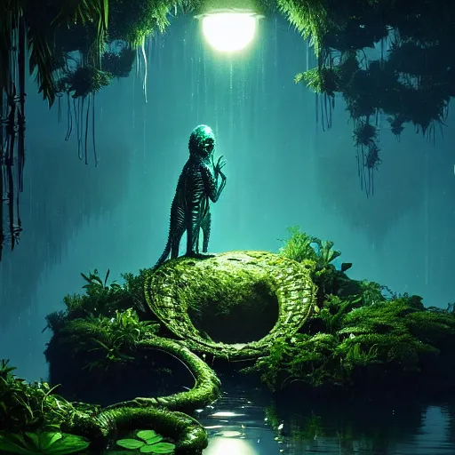 Image similar to creature in a lush vegetation at night, water reflection, bioluminescent : : by michal karcz, daniel merriam, victo ngai and guillermo del toro : : ornate, dynamic, particulate, intricate, elegant, highly detailed, centered, artstation, smooth, sharp focus, octane render, 3 d