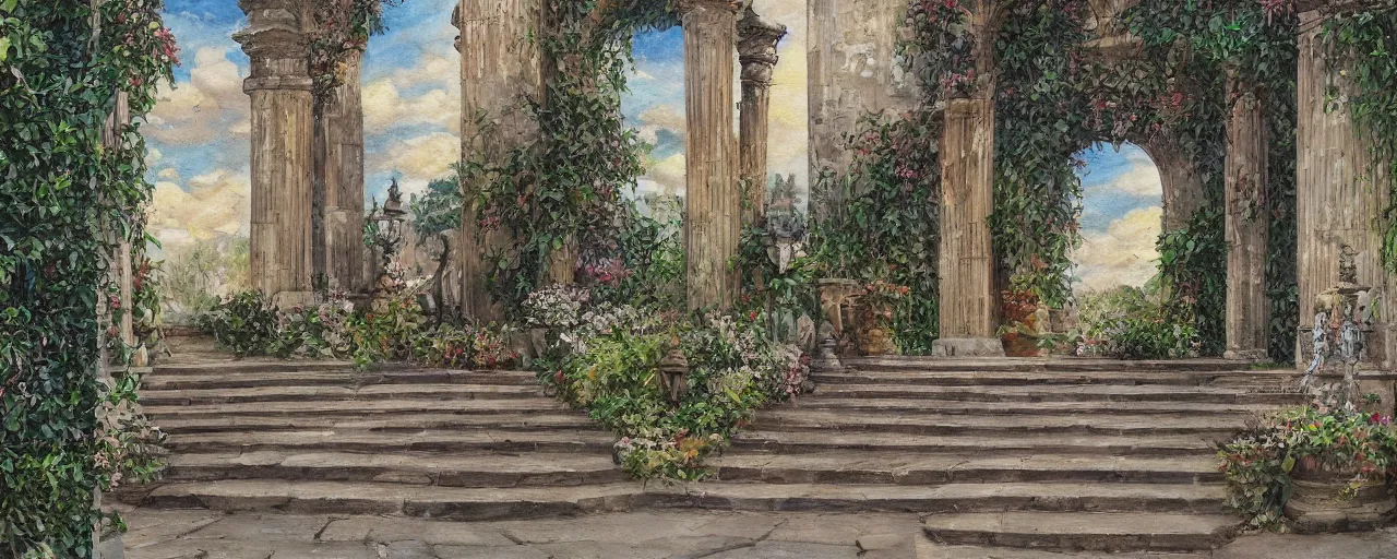 Image similar to courtyard walkway, fountain, castle, stairway, chairs, wrought iron, gate, botanic garden, botanical herbarium paper, oil colored painting, iridescent colors, realistic shaded, fine, artstation, italian style, colonnade ornate headdress, craving, carved, insanely detailed