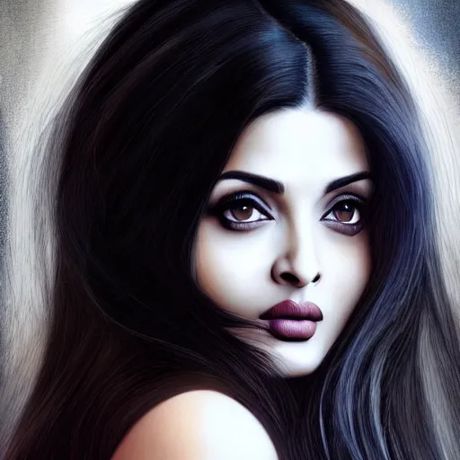 Image similar to portait aishwarya rai bachchan, centred, sadness look, long hair, hd, unreal engine, art painting, final fantasy style, amazing background theme