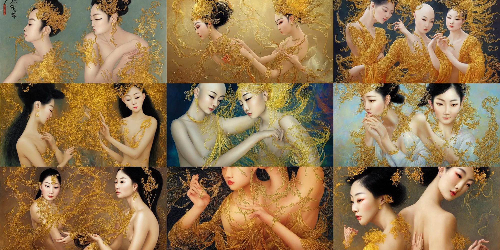 Prompt: asian nymph bald goddess, flowing golden silk twisting with whiten tattoos of cursive sigils on her opalescent skin, fantasy, intricate, very beautiful, elegant, golden light, highly detailed, oil painting by mai xuan thu