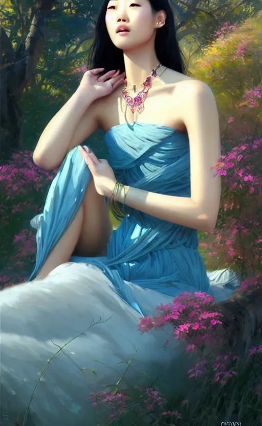 Image similar to a beautiful young charming asian goddess with sundress and jewelry | | winter, realistic shaded, unpleasant face, good looking, fine details, dior, lv, realistic shaded lighting poster by greg rutkowski, macoto takahashi, magali villeneuve, artgerm, jeremy lipkin and michael garmash