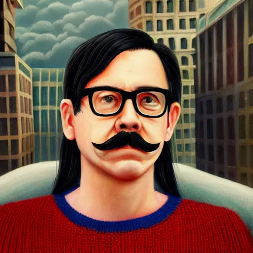 Image similar to An Oil Painting of the back view of Rivers Cuomo in a sweater with long hair and a mustache sweating bullets as he looks outside his window in front of him in his apartment to see kim jong un's nukes falling onto the city, hyperrealistic, extremely realistic, highly realistic, HD Quality, 4k resolution, 8k resolution, Detailed, Very Detailed, Highly Detailed, Extremely Detailed, Intricate Details, Real, Very Real, Oil Painting, Digital Painting, Painting, Trending on Deviantart, Trending on Artstation