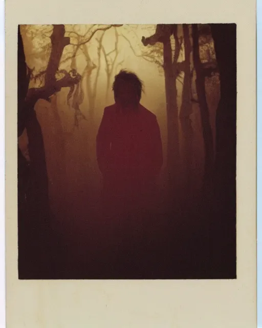 Image similar to an instant photo of a handsome but sinister ghost of a man in layers of fear, with violence in his eyes, 1 9 7 0 s, seventies, woodlands, delicate embellishments, a little blood, crimson, painterly, offset printing technique, by alexandre cabanel, volumetric lightning, moorlands behind him