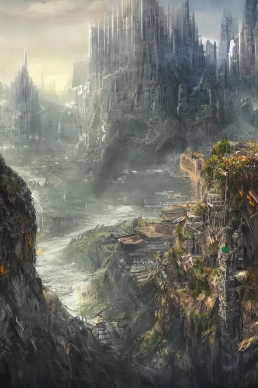 Prompt: photograph of a fantasy metropolis of tall towers at the top of a cliff looking over a river, concept art, trending on artstation