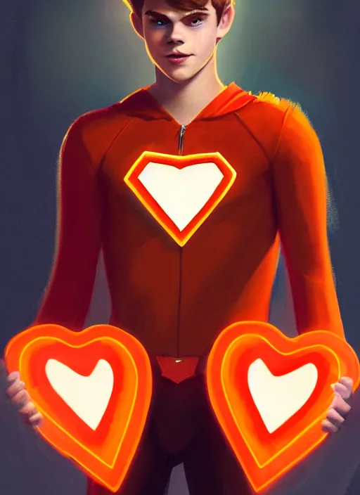 Image similar to friendly teenage archie andrews wearing an orange superhero costume with heart logo, freckles, superhero costume, heart emblem on chest, cape, intricate, elegant, glowing lights, highly detailed, digital painting, artstation, sharp focus, illustration, art by wlop, mars ravelo and greg rutkowski