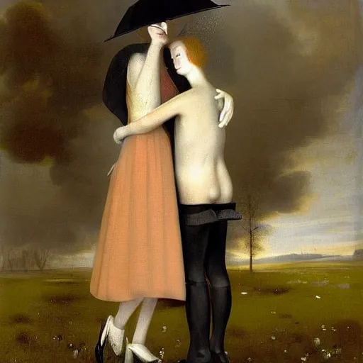 Prompt: experimental, decorative by romina ressia, by gerard ter borch 1 9 9 0 s disney. a beatiful land art of a man & woman embracing in the rain.