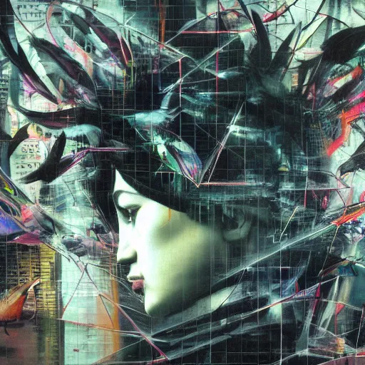 Prompt: a daydreaming hacker under progressive rasterization is surrounded by digital birds, neon virtual networks, and information visualization, oil on canvas by dave mckean and yoji shinkawa